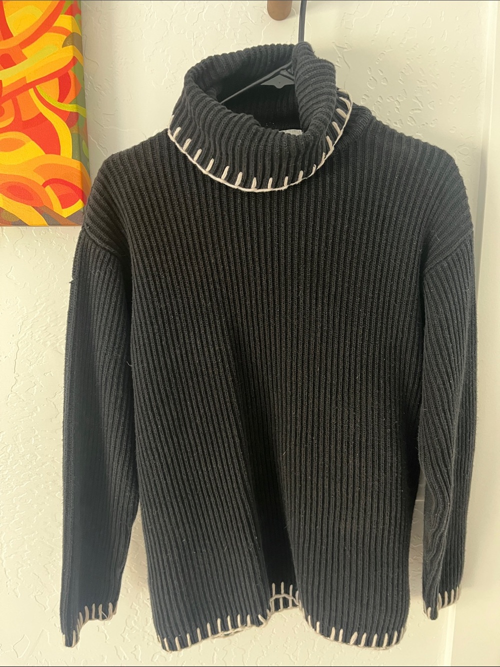 Black Cotton Turtleneck Ribbed Sweater with Contrast Stitching
